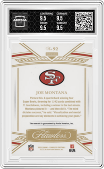 Joe Montana from the 2023 Panini Flawless set featuring a Emerald  parallel graded by Arena Club and given an overall grade of 9.5.