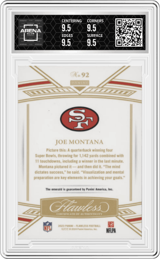Joe Montana from the 2023 Panini Flawless set featuring a Emerald  parallel graded by Arena Club and given an overall grade of 9.5.