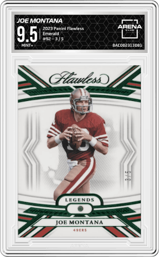 Joe Montana from the 2023 Panini Flawless set featuring a Emerald  parallel graded by Arena Club and given an overall grade of 9.5.