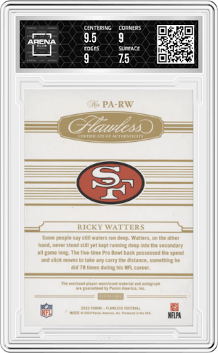 Ricky Watters from the 2022 Panini Flawless set featuring a Bronze parallel graded by Arena Club and given an overall grade of 8.