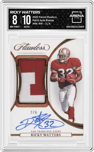 Ricky Watters from the 2022 Panini Flawless set featuring a Bronze parallel graded by Arena Club and given an overall grade of 8.