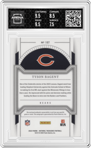 Tyson Bagent from the 2023 Panini National Treasures set featuring a Midnight Moon parallel graded by Arena Club and given an overall grade of 8.