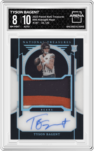 Tyson Bagent from the 2023 Panini National Treasures set featuring a Midnight Moon parallel graded by Arena Club and given an overall grade of 8.