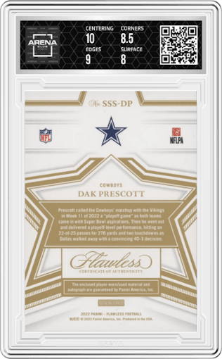 Dak Prescott from the 2022 Panini Flawless set featuring a Emerald parallel graded by Arena Club and given an overall grade of 8.5.