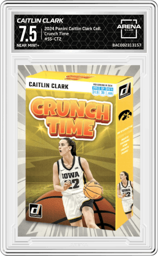 Caitlin Clark from the 2024 Panini Caitlin Clark Collection set graded by Arena Club and given an overall grade of 7.5.