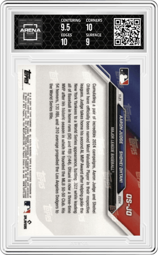 Aaron Judge/Shohei Ohtani  from the 2024-25 Topps Now Off-Season set graded by Arena Club and given an overall grade of 9.5.