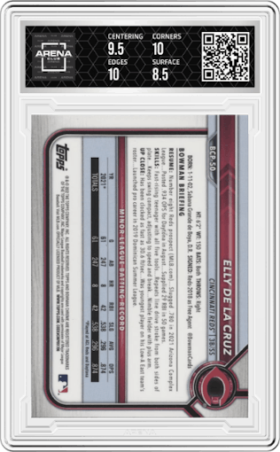 Elly De La Cruz from the 2022 Bowman set graded by Arena Club and given an overall grade of 9.