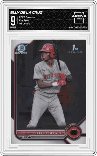 Elly De La Cruz from the 2022 Bowman set graded by Arena Club and given an overall grade of 9.