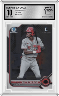 Elly De La Cruz from the 2022 Bowman set graded by Arena Club and given an overall grade of 10.