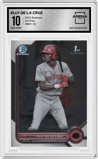 Elly De La Cruz from the 2022 Bowman set graded by Arena Club and given an overall grade of 10.