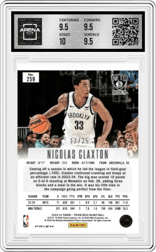 Nicolas Claxton from the 2023-24 Panini Prizm Deca set featuring a Mojo parallel graded by Arena Club and given an overall grade of 10.