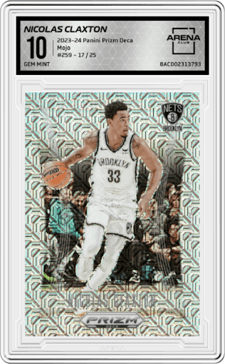Nicolas Claxton from the 2023-24 Panini Prizm Deca set featuring a Mojo parallel graded by Arena Club and given an overall grade of 10.