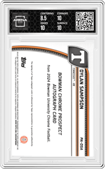 Dylan Sampson from the 2024 Bowman Chrome University set featuring a Stealth Refractor parallel graded by Arena Club and given an overall grade of 9.