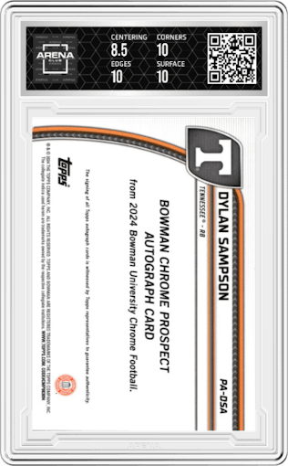 Dylan Sampson from the 2024 Bowman Chrome University set featuring a Stealth Refractor parallel graded by Arena Club and given an overall grade of 9.