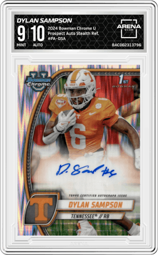 Dylan Sampson from the 2024 Bowman Chrome University set featuring a Stealth Refractor parallel graded by Arena Club and given an overall grade of 9.