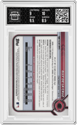 Elly De La Cruz from the 2022 Bowman set graded by Arena Club and given an overall grade of 9.