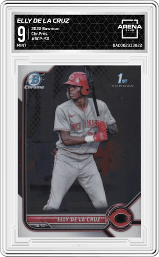 Elly De La Cruz from the 2022 Bowman set graded by Arena Club and given an overall grade of 9.