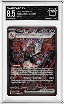 Charizard ex from the 2024 Pokemon SV set graded by Arena Club and given an overall grade of 8.5.