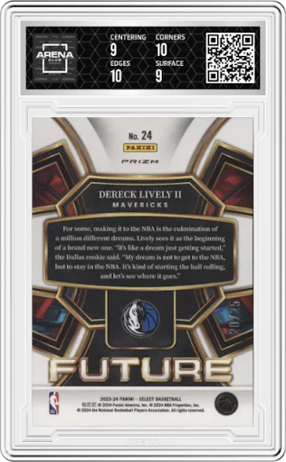 Dereck Lively II  from the 2023-24 Panini Select  set featuring a Tie-Dye parallel graded by Arena Club and given an overall grade of 9.5.