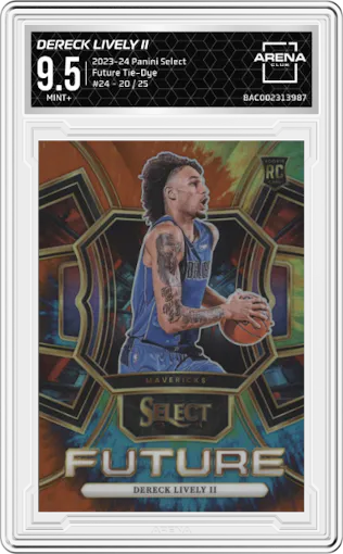Dereck Lively II  from the 2023-24 Panini Select  set featuring a Tie-Dye parallel graded by Arena Club and given an overall grade of 9.5.