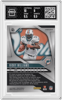 Ricky Williams from the 2024 Panini Prizm set featuring a Snakeskin parallel graded by Arena Club and given an overall grade of 9.5.