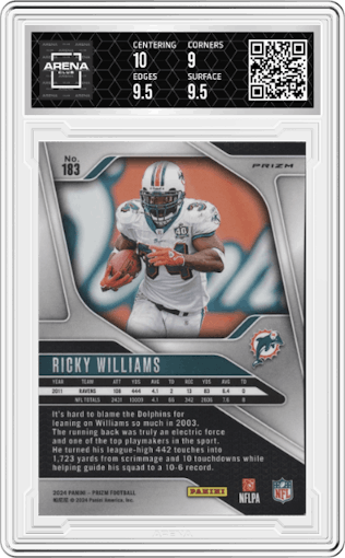 Ricky Williams from the 2024 Panini Prizm set featuring a Snakeskin parallel graded by Arena Club and given an overall grade of 9.5.