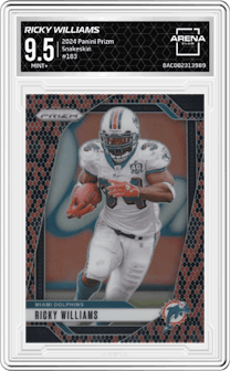 Ricky Williams from the 2024 Panini Prizm set featuring a Snakeskin parallel graded by Arena Club and given an overall grade of 9.5.