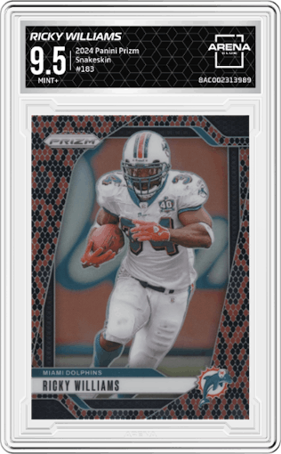Ricky Williams from the 2024 Panini Prizm set featuring a Snakeskin parallel graded by Arena Club and given an overall grade of 9.5.