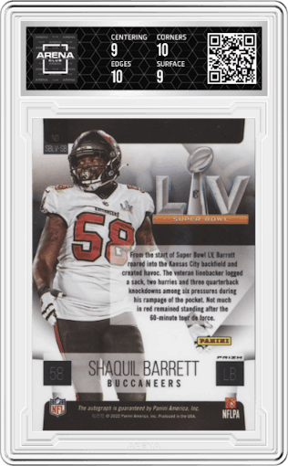 Shaquil Barrett from the 2022 Panini Select set graded by Arena Club and given an overall grade of 9.5.