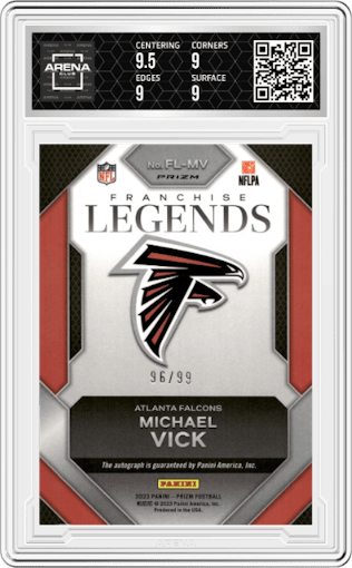 Michael Vick from the 2023 Panini Prizm set featuring a Blue Ice parallel graded by Arena Club and given an overall grade of 9.