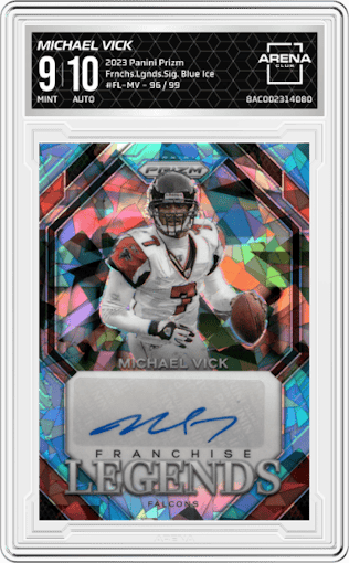 Michael Vick from the 2023 Panini Prizm set featuring a Blue Ice parallel graded by Arena Club and given an overall grade of 9.