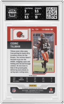 Cedric Tillman from the 2023 Panini Contenders Optic set featuring a Purple Pulsar parallel graded by Arena Club and given an overall grade of 9.
