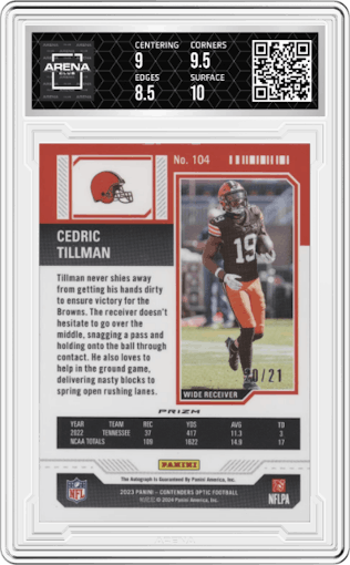 Cedric Tillman from the 2023 Panini Contenders Optic set featuring a Purple Pulsar parallel graded by Arena Club and given an overall grade of 9.