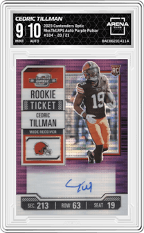 Cedric Tillman from the 2023 Panini Contenders Optic set featuring a Purple Pulsar parallel graded by Arena Club and given an overall grade of 9.