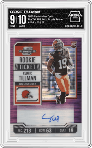 Cedric Tillman from the 2023 Panini Contenders Optic set featuring a Purple Pulsar parallel graded by Arena Club and given an overall grade of 9.