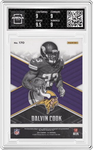 Dalvin Cook from the 2017 Panini XR set featuring a Red parallel graded by Arena Club and given an overall grade of 9.