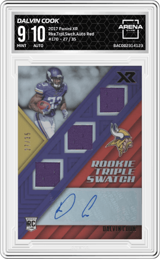 Dalvin Cook from the 2017 Panini XR set featuring a Red parallel graded by Arena Club and given an overall grade of 9.