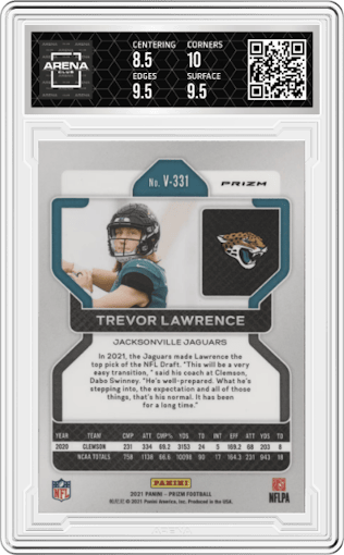 Trevor Lawrence from the 2021 Panini Prizm set graded by Arena Club and given an overall grade of 9.