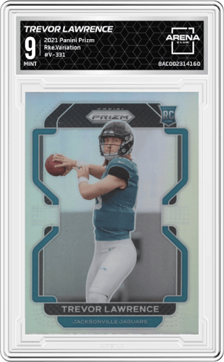 Trevor Lawrence from the 2021 Panini Prizm set graded by Arena Club and given an overall grade of 9.