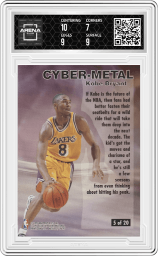Kobe Bryant from the 1996-97 Fleer Metal  set graded by Arena Club and given an overall grade of 7.5.