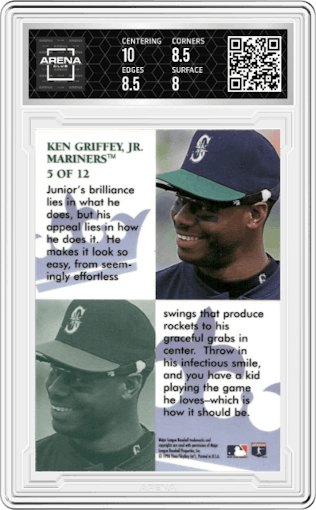 Ken Griffey Jr. from the 1996 Flair set graded by Arena Club and given an overall grade of 8.5.