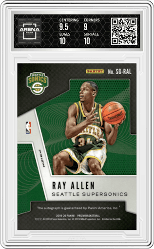 Ray Allen from the 2019-20 Panini Prizm set featuring a Premium Fotl Blue Shimmer  parallel graded by Arena Club and given an overall grade of 9.5.