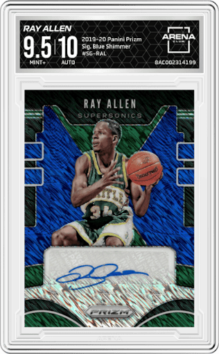 Ray Allen from the 2019-20 Panini Prizm set featuring a Premium Fotl Blue Shimmer  parallel graded by Arena Club and given an overall grade of 9.5.