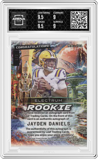 Jayden Daniels from the 2024 Leaf Electrum set featuring a Silver Board Gold Foil parallel graded by Arena Club and given an overall grade of 9.5.
