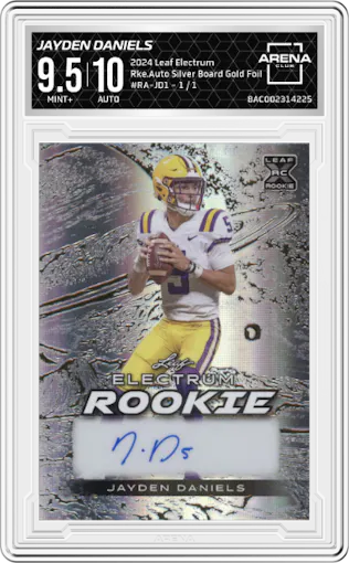 Jayden Daniels from the 2024 Leaf Electrum set featuring a Silver Board Gold Foil parallel graded by Arena Club and given an overall grade of 9.5.