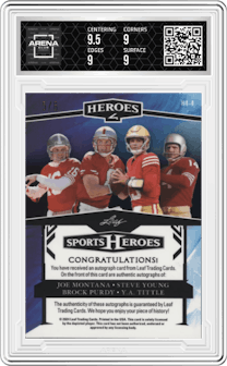 Joe Montana/Steve Young/Brock Purdy/Y.A. Tittle from the 2024 Leaf Metal Sports Heroes set featuring a Crystal Pink parallel graded by Arena Club and given an overall grade of 9.