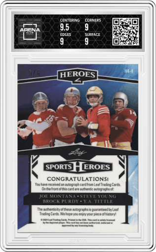 Joe Montana/Steve Young/Brock Purdy/Y.A. Tittle from the 2024 Leaf Metal Sports Heroes set featuring a Crystal Pink parallel graded by Arena Club and given an overall grade of 9.