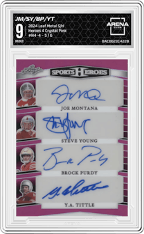Joe Montana/Steve Young/Brock Purdy/Y.A. Tittle from the 2024 Leaf Metal Sports Heroes set featuring a Crystal Pink parallel graded by Arena Club and given an overall grade of 9.