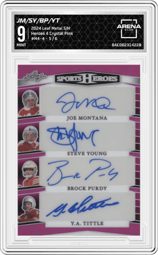 Joe Montana/Steve Young/Brock Purdy/Y.A. Tittle from the 2024 Leaf Metal Sports Heroes set featuring a Crystal Pink parallel graded by Arena Club and given an overall grade of 9.