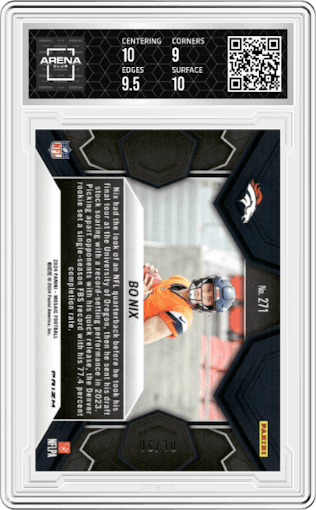 Bo Nix from the 2024 Panini Mosaic set featuring a Gold parallel graded by Arena Club and given an overall grade of 9.5.